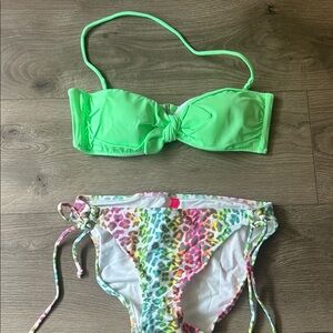 Victoria's Secret Neon Green Bikini Top with Multicolor Leopard Print Bottom